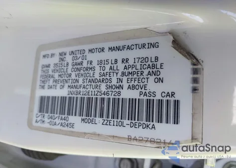 2001 Toyota Corolla Le from USA, damaged, VIN 1NXBR12E11Z546728